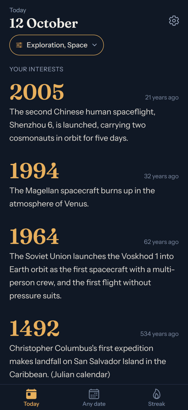 Epoch's Today screen: events from 12 October